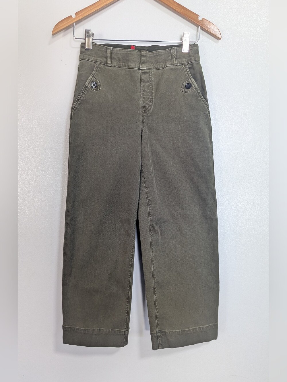Spanx Olive Green Stretch Twill Cropped Wide Leg Pull On Pants Size Small Petite